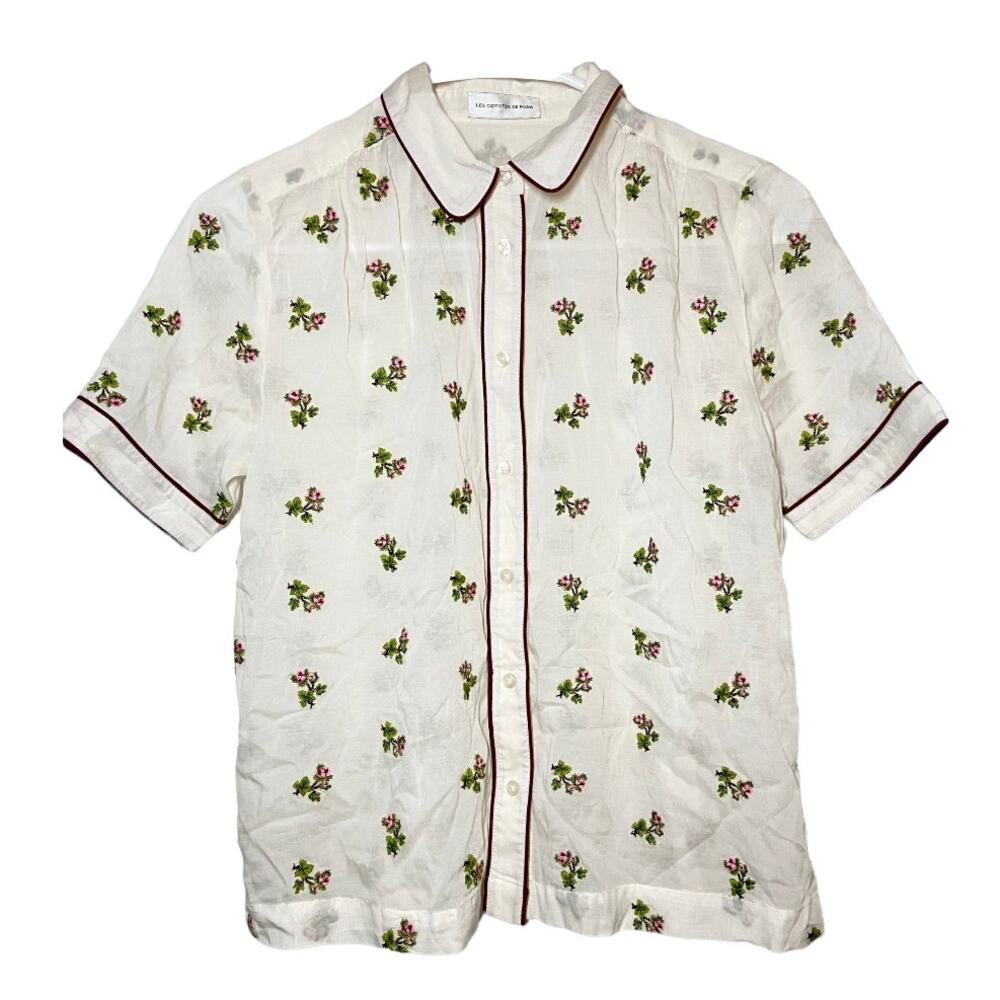 Les Coyotes De Paris Ida Flower Embroidered Blouse Ecru Collared Short Sleeve XS - Picture 2 of 6